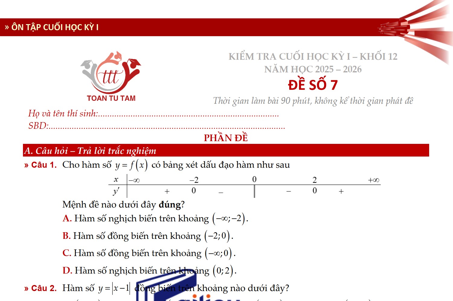 Đề kiểm tra học kì 1 Toán 12 Kết nối tri thức theo form 2026 Tự Tâm - Đề 7